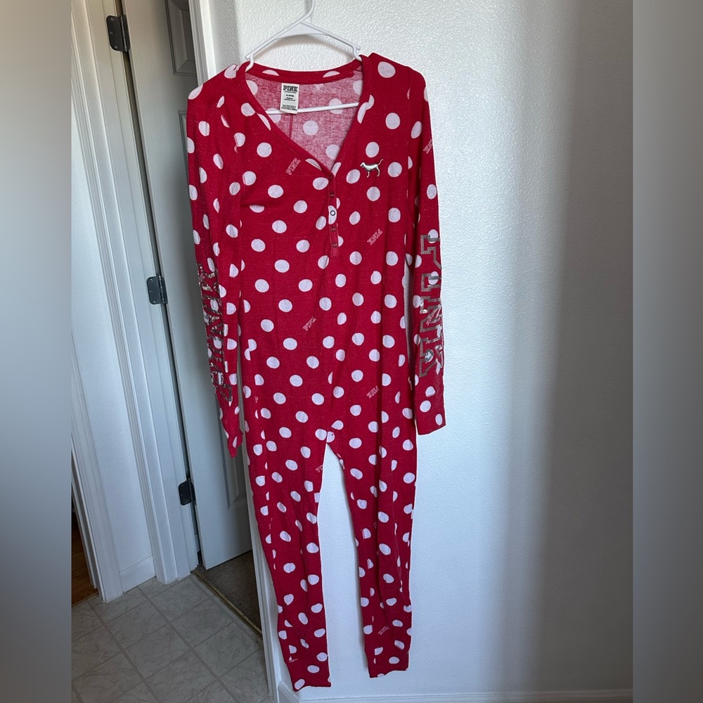 PINK Victoria's Secret Red and White Polka Dot Onesie Pajamas